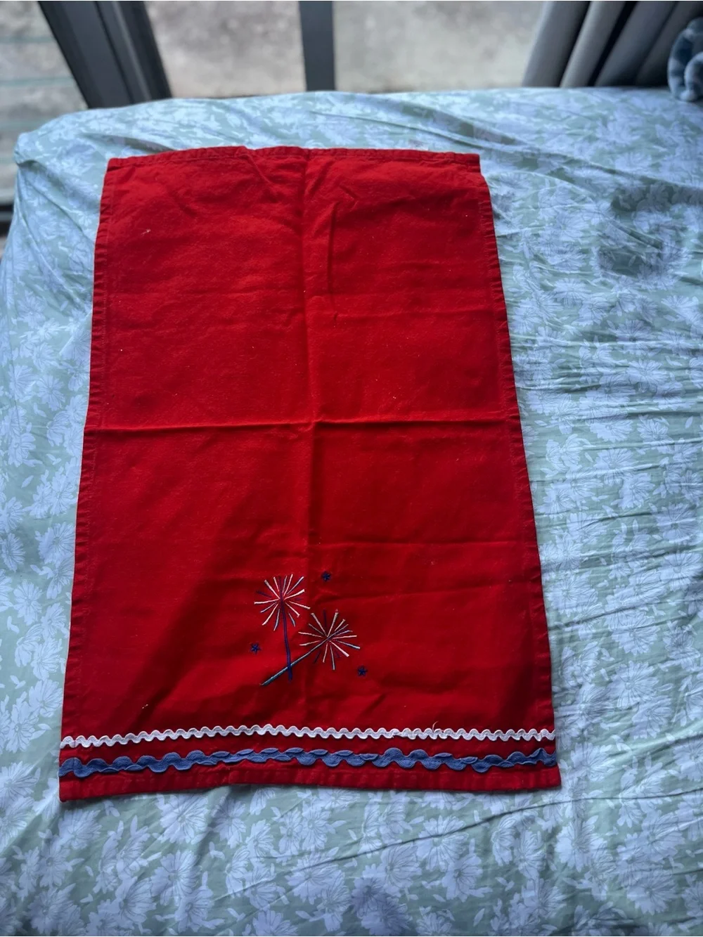 Vintage Red Embroidered Kitchen Towel with Ruffle Trim